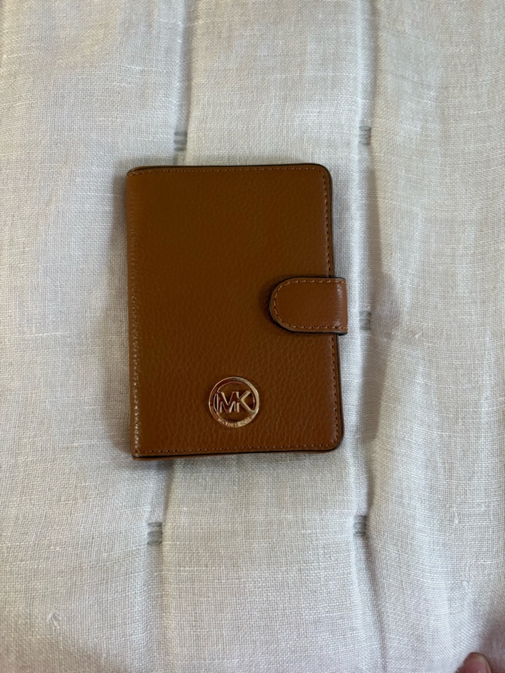 Michael Kors Tan Leather Card & Passport Organizer with Gold MK Emblem